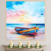 Watercolor Painting of Colorful Wooden Boat on Sandy Shore with Ocean View and Bright Sky in Soft Blue Pink and Yellow Tones on Ready to Hang 1.5" Thick Canvas Wrap, Floating Framed Canvas, Flat Rolled Canvas